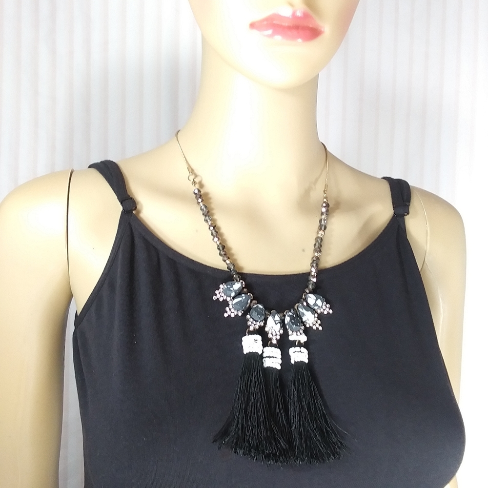 STEVE MADDEN Marbled Stone Beads & Black Tassels Goldtone Statement Necklace NWT